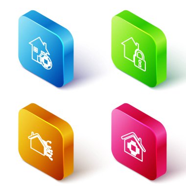 Isometric Line Smart evini, House 'u ve ikonu koruma altına alın. Vektör.