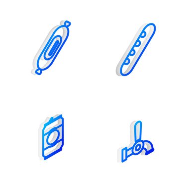 Isometric hattı Fransız ekmeği, salam sosisi, bira kutusu ve tap ikonu hazırla. Vektör.