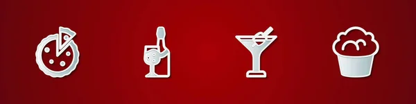 设置自制派 香槟瓶 马丁尼杯和松饼图标 — 图库矢量图片