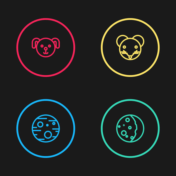 Set line Planet Mars, Eclipse of the sun, Rat zodiac and Dog icon. Vector.
