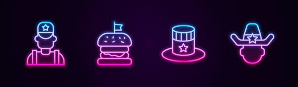 Set Line Sheriff Cowboy Burger Patriotischer Amerikanischer Zylinder Und Leuchtende — Stockvektor