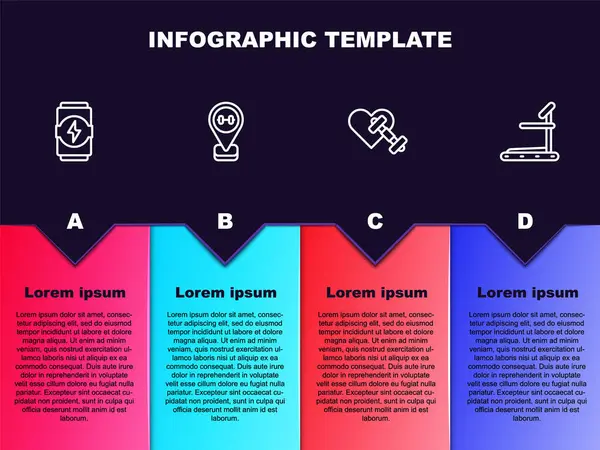 stock vector Set line Energy drink, Location gym, Dumbbell with heart and Treadmill machine. Business infographic template. Vector