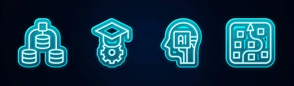 Ställ Linje Server Data Graduation Cap Humanoid Robot Och Neural — Stock vektor
