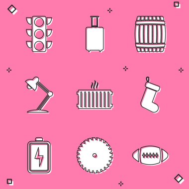 Trafik ışığını, seyahat çantasını, tahta fıçıyı, masa lambasını, ısıtma kaloriferini ve Noel çorabı ikonunu ayarlayın. Vektör