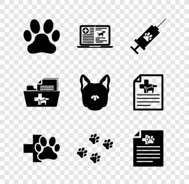 Paw baskısını hazırla, dizüstü bilgisayarda klinik kayıt köpeği, evcil hayvan aşılı şırınga, veteriner kliniği, ve kedi ikonu için tıbbi sertifika. Vektör