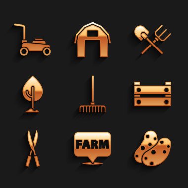 Bahçe tırmığı, konum çiftliği, patates, ahşap kutu, bahçe el yapımı makas, ağaç, kürek ve çim biçme makinesi ikonu. Vektör