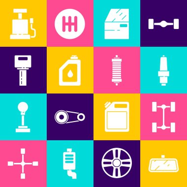 Araba aynası, Chassis arabası, buji, kapı motor yağı için teneke kutu, uzaktan kumandalı anahtar, hava pompası ve şok emici ikonu. Vektör