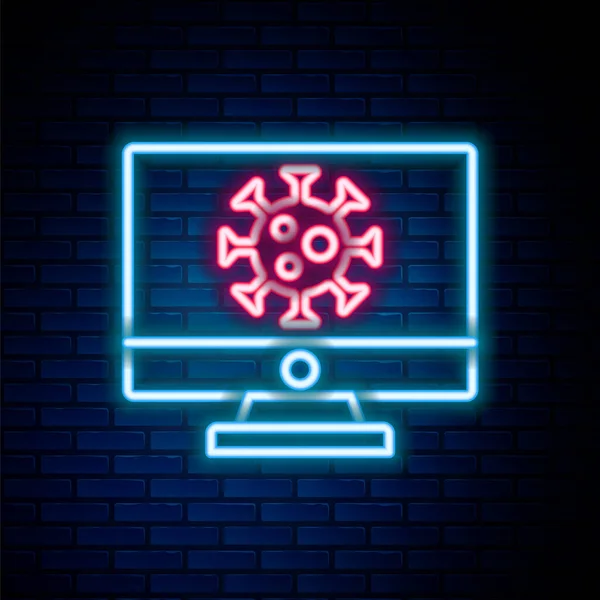 Glowing Neon Line Estatísticas Vírus Ícone Monitor Isolado Fundo Parede — Vetor de Stock