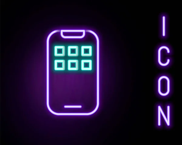 Linea Neon Incandescente Icona Mobile Apps Isolata Sfondo Nero Smartphone — Vettoriale Stock