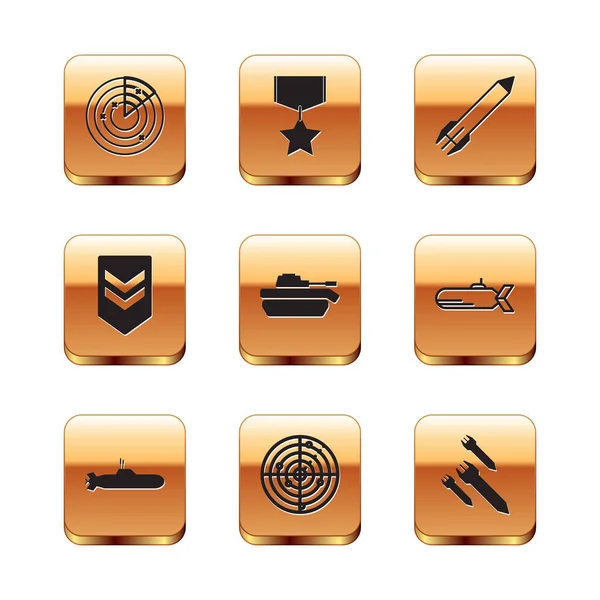 stock vector Set Radar with targets, Submarine, Military tank, Chevron, Rocket,  and reward medal icon. Vector