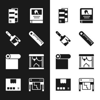 Set Ruler, Paint brush, Pantone, fotoğraf albümü galerisi, Roll of paper, 3D yazıcı, Plotter ve Carton karton kutu simgesi. Vektör