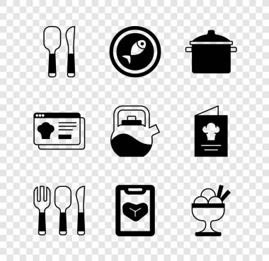 Bıçak ve kaşık seti, servis edilen balık tabağı, yemek tenceresi, çatal, bıçak, restoran kafe menüsü, dondurma kasesi, çevrimiçi sipariş teslimatı ve ikonlu kettle. Vektör
