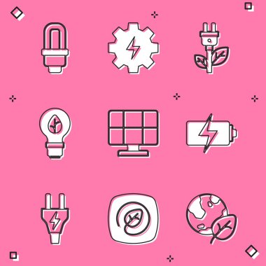 LED ampulü, vites kutusunu ve şimşeği, elektrik prizi yaprağını, ışığı, güneş enerjisi panelini, pili ve konum simgesini ayarla. Vektör