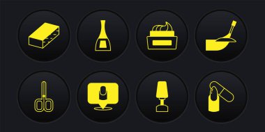 Tırnak makası, manikür, manikür için değirmen makası, bir şişe tırnak cilası, dosya ve simge. Vektör