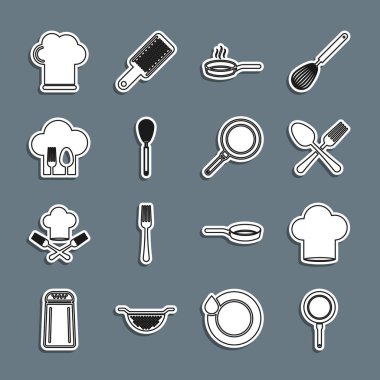 Hattı kurun, kızartma tavası, şef şapkası, çapraz çatal ve kaşık, mutfak çırpıcı, ve ikon. Vektör