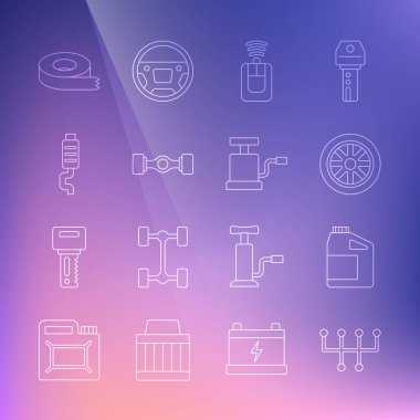 Hat değiştirici, motor yağı tenekesi, araba tekerleği, uzaktan kumandalı anahtar, Chassis arabası, susturucu, selobant ve hava pompası ikonu. Vektör