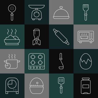 Sabit hat reçel kavanozu, kırık yumurta, mikrodalga fırın tepsi dolusu yiyecek, blender, sıcak çorba, Spatula ve Rolling pin ikonu ile kaplı. Vektör