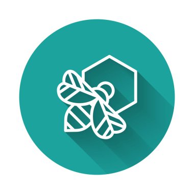 Beyaz çizgi Arı ve bal peteği ikonu uzun gölge arkaplan izole. Bal hücreleri. Bal arısı ya da kanat sembollü apis. Uçan böcek. Tatlı doğal yemek. Yeşil daire düğmesi. Vektör