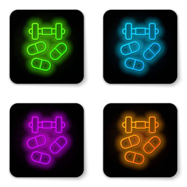 Parlak neon hattı spor doping, beyaz arka planda izole halter ikonu olan anabolik ilaçlar. Anabolik steroid tableti. Haplar kavanozda. Siyah kare düğme. Vektör