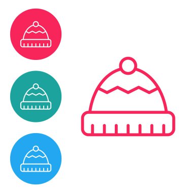 Kırmızı çizgi kış şapkası simgesi beyaz arkaplanda izole edildi. Simgeleri daire düğmelerine ayır. Vektör