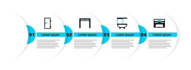 Kuyruk piyanosu, duş perdeli küvet, ahşap masa ve kapalı kapı ikonu. Vektör