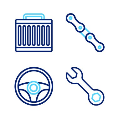 Halat anahtarlarını, direksiyonu, araba zincirini ve radyatör soğutma ikonunu ayarla. Vektör