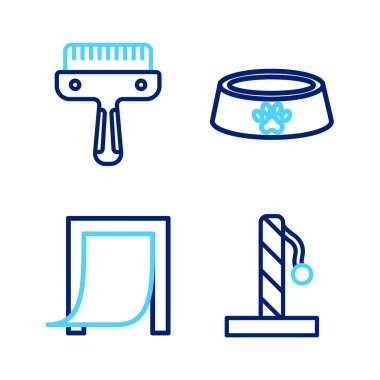 Kedi tırmalama direği, evcil hayvan için kapı, evcil hayvan kasesi ve saç fırçası köpeği ve kedi ikonu. Vektör