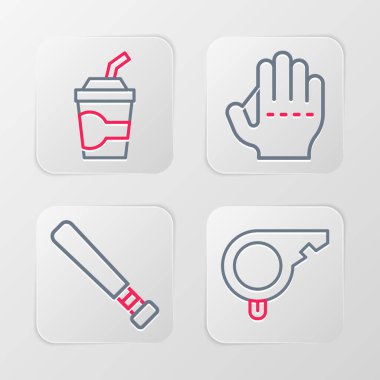 Islık çal, beysbol sopası, eldiven ve su ikonlu kağıt bardak. Vektör