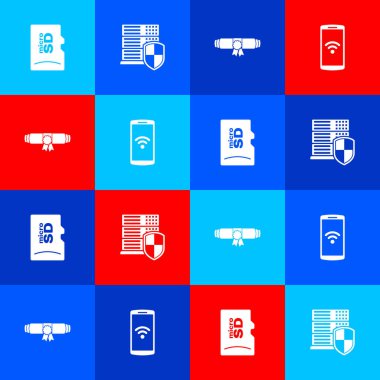 Mikro SD hafıza kartı, kalkanlı sunucu, diplomalı kaydırma ve kablosuz akıllı telefon simgesi ayarla. Vektör.