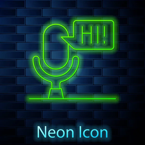 Glowing Neon Line Microphone Voice Device Icon Isolated Brick Wall — Stock Vector