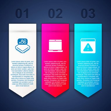 İşlemciyi işlemci, dizüstü bilgisayar ve tarayıcı ünlem işaretiyle ayarla. Ticari bilgi şablonu. Vektör