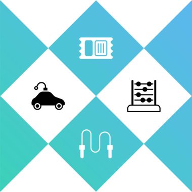 Radyo kontrollü araba oyuncağı, ip atlama, sirk bileti ve abaküs simgesini ayarla. Vektör