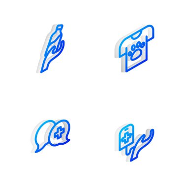 Isometric Line Hayvan Gönüllüsü, Bağış Suyu, Doktor ve Kan Bağışı ikonu ile Diyalog Ayarlayın. Vektör