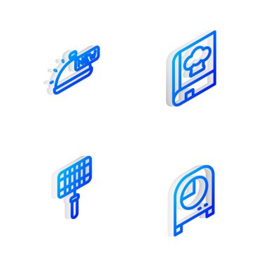 Yemek tepsisi, ızgara çelik ızgara ve mutfak kronometresi ikonu ile kaplı Isometric yemek kitabı ayarla. Vektör