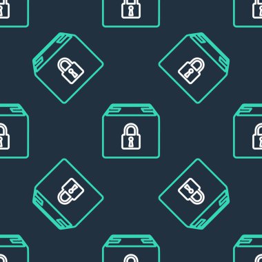 Satır kilitli paket simgesi siyah arkaplanda izole edilmiş kusursuz desen. Kilit ve karton kutu. Vektör