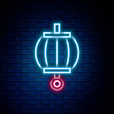 Parlayan neon hattı Kore kağıt fener ikonu tuğla duvar arkasında izole edilmiş. Renkli taslak konsepti. Vektör