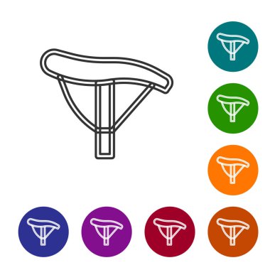 Siyah çizgi bisiklet koltuğu simgesi beyaz arkaplanda izole edildi. Bisiklet eyeri. Simgeleri renk daire düğmelerine ayarla. Vektör.