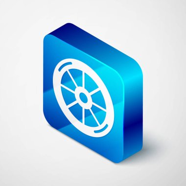 Gri arka planda izole edilmiş Isome Bisiklet Tekerleği simgesi. Bisiklet yarışı. Olağanüstü bir spor. Spor malzemeleri. Mavi kare düğme. Vektör.