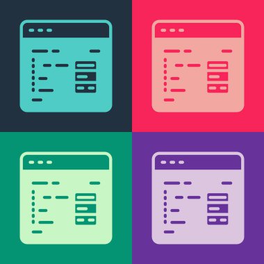 Pop Art Yazılım, Web Geliştirici programlama simgesi renk arkaplanında izole edilmiş. Program kodunun rastgele bilgisayar betiği parçalarını Javascript et. Vektör
