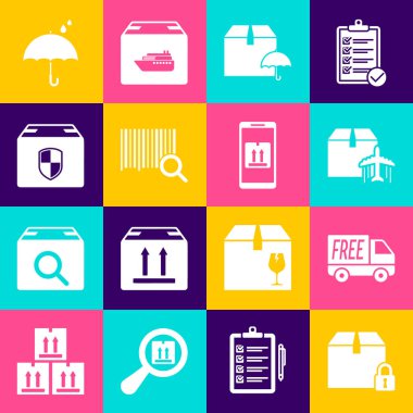 Kilitli paket, ücretsiz teslimat servisi, uçak ve karton kutu, şemsiyeli teslimat, arama barkodu, güvenlik kalkanı, Şemsiye yağmur damlaları ve mobil uygulama izleme simgesi. Vektör