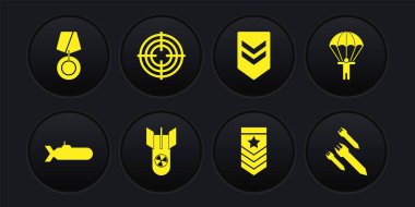 Denizaltı, Paraşüt, Nükleer Bomba, Chevron, Hedef Spor, Roket ve Askeri Ödül ikonu. Vektör