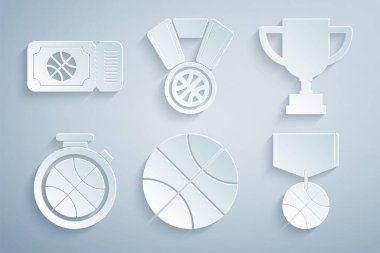 Basketbol topu, ödül kupası, basketbol, madalya ve maç bileti ikonu olan sttopwatch. Vektör