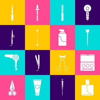 Parfüm, göz farı paleti, makyaj fırçası, tırnak törpüsü, kulak için pamuk çubuğu, saç maşası ve krem kozmetik tüp ikonu. Vektör