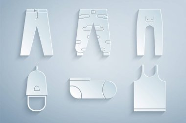 Spor çorapları, pantolonlar, papağan desenli polis şapkası, kolsuz tişört, kamuflaj pantolonu ve ikon. Vektör