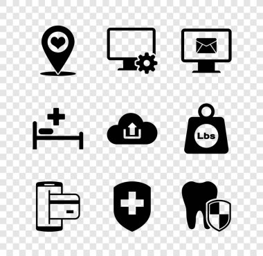 Harita işaretçisini kalp, bilgisayar monitörü ve teçhizatı, monitör zarfı, NFC ödemesi, tıbbi kalkan çaprazlaması ve diş koruma ikonu ile ayarla. Vektör