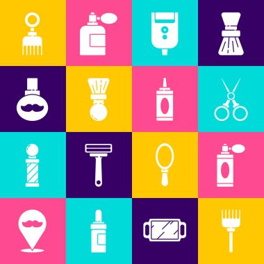 Saç fırçası, atomla tıraş losyonu, makas kuaförü, erkekler için elektrikli tıraş bıçağı, tıraş bıçağı, sakal ve bıyık bakım yağı ve şampuan ikonu. Vektör
