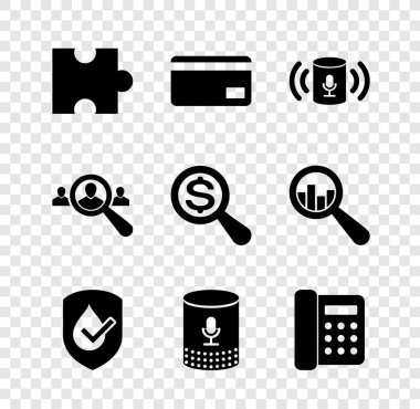 Yapboz, kredi kartı, ses asistanı, su geçirmez ve telefon ikonu. Vektör