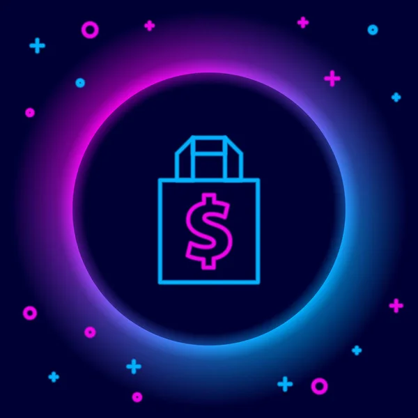 Leuchtende Neonfarbene Einkaufstasche Und Dollarsymbol Isoliert Auf Schwarzem Hintergrund Handtaschenschild — Stockvektor