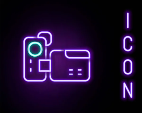 发光的霓虹灯线电影摄影机图标孤立在黑色背景 摄像机 电影标志 电影放映机五彩缤纷的概念 — 图库矢量图片