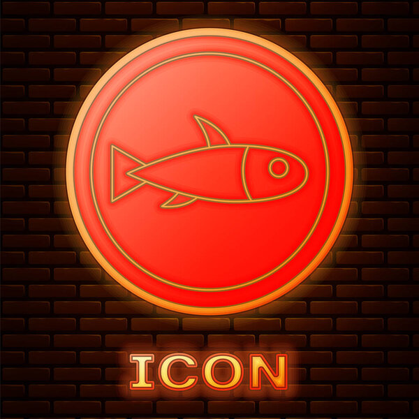 Glowing neon Served fish on a plate icon isolated on brick wall background.  Vector..